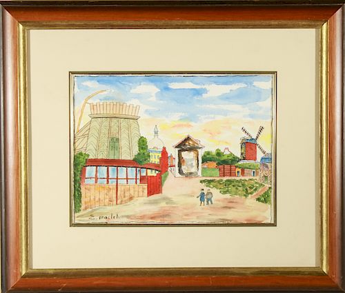 Elisse Maclet "Figures and Windmill" Watercolor