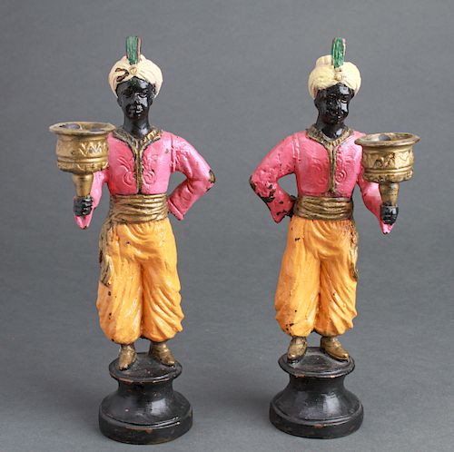 Blackamoor Painted Bronze Figural Candleholders Pr