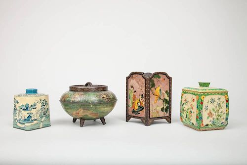 Four English Lithograph-Decorated Tin Boxes