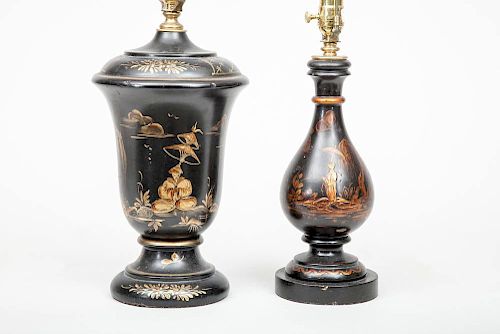 Chinoiserie Black-Glazed Pottery Lamp, Ralph Lauren Design, and Two Black Lacquer Composition Lamps