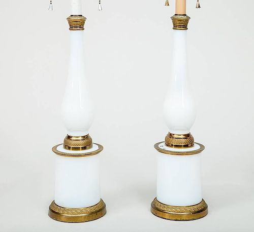 Pair of Charles X Style Gilt-Metal-Mounted Opaline Glass Candlesticks, Mounted as Lamps