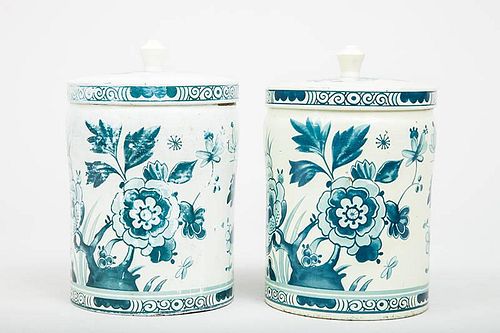 Pair of English Lithograph-Decorated Biscuit Tins, in the Dutch Delft Style