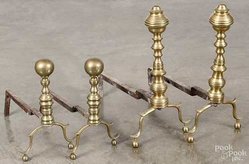 Two pair of Federal brass andirons, ca. 1820, 11 3/4'' h. and 16 1/2'' h.