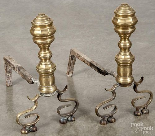 Pair of Federal brass andirons, ca. 1820, 16 1/4'' h.