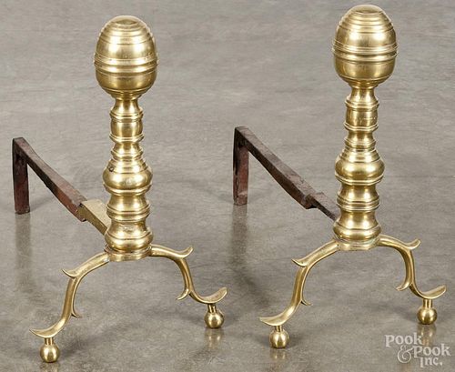 Pair of Federal brass andirons, ca. 1820, 16'' h.