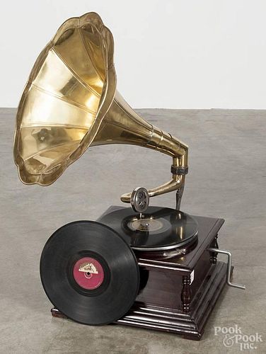 Gramophone, His Master's Voice, with a mahogany box and brass horn.