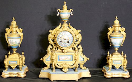 Signed Dore Bronze Clock Garniture Set With Sevres