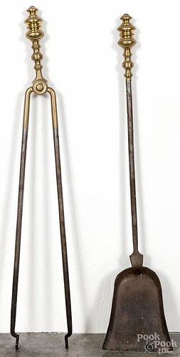 Federal style brass and iron fire tongs and shovel, 29'' l.