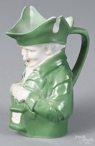 Royal Bayreuth porcelain light green lamplighter milk pitcher, ca. 1900, with a blue mark on base