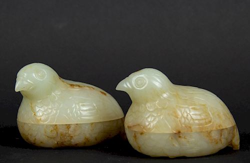 Pair of Bird-Form Russet and Celadon Jade Boxes.