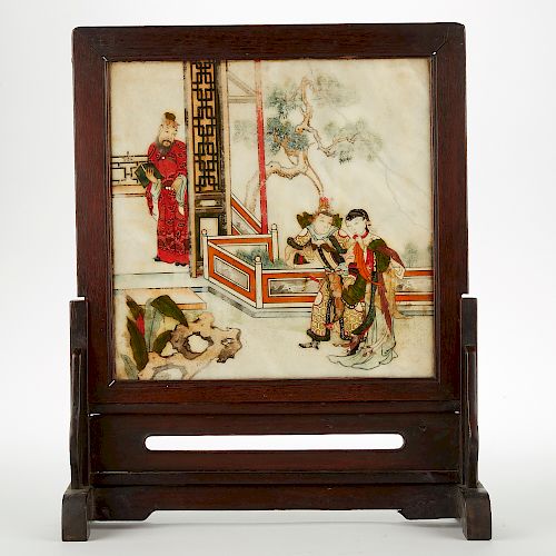 Chinese Marble Inset Table Screen with Calligraphy