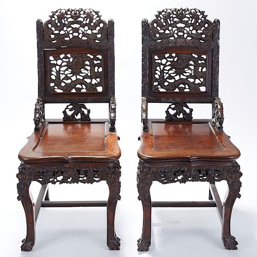 Pair Chinese Export Carved Rosewood Chairs