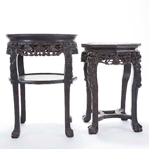 Pr: Chinese Carved Rosewood Side Tables w/ Marble Inset