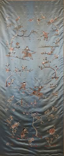 Large Chinese Silk Embroidery of Figures on Blue Background