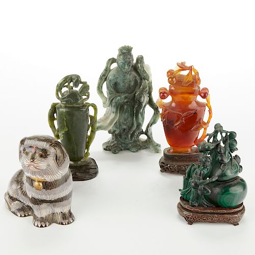Group of 5 Chinese Hardstone and Jade Carvings w/ Cloisonne Dog