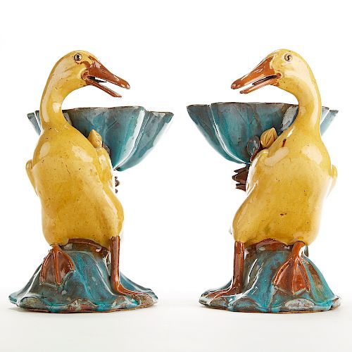 Pair Chinese 20th c. Biscuit Glazed Porcelain Duck Bowls