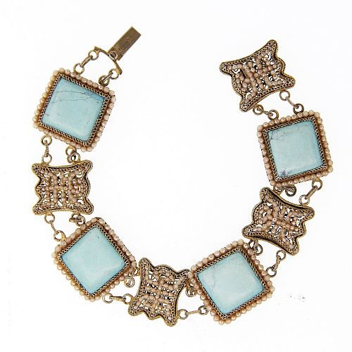 Chinese Silver Turquoise and Seed Pearl Bracelet