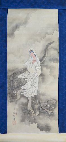 Japanese Scroll Painting of Dragon & Guanyin