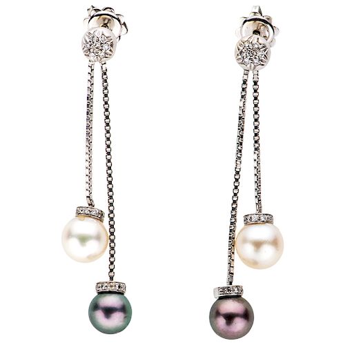 PAIR OF CULTURED PEARLS AND DIAMONDS EARRINGS. 18K WHITE GOLD
