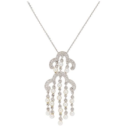 CHOKER AND PENDANT WITH DIAMONDS AND CULTURED PEARLS. 14K WHITE GOLD