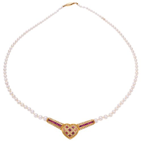 CULTURED PEARLS, RUBIES AND DIAMONDS NECKLACE. 18K YELLOW GOLD