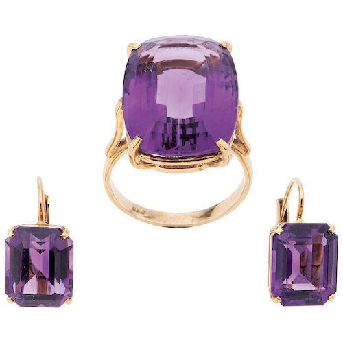 RING AND PAIR OF EARRINGS WITH AMETHYSTS. 18K YELLOW GOLD