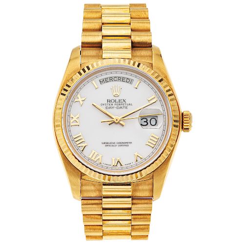 ROLEX OYSTER PERPETUAL DAY-DATE PRESIDENT. 18K YELLOW GOLD. REF. 18038, CA. 1987