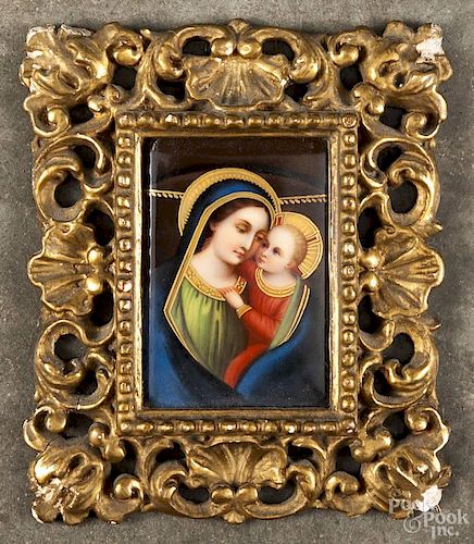 Painted porcelain plaque of the Mother and Child, late 19th c., porcelain - 3 1/2'' x 2 1/2''.