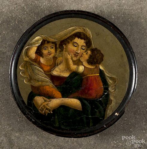 Continental lacquer dresser box, 19th c., with a painted portrait of a mother and two children