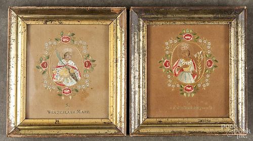 Pair of German needleworks on paper, 19th c., depicting Jesus Christ and the Virgin Mary