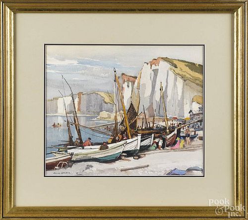 Julius Delbos (American 1879-1970), watercolor coastal scene, signed lower left, 14'' x 17''.