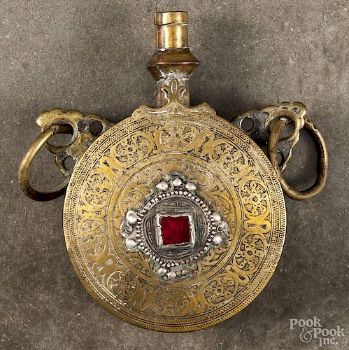 Middle Eastern brass and jeweled powder flask, 20th c., 6'' h.