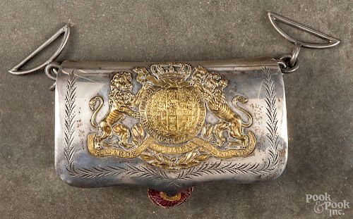 Prussian brass and silver cartridge box, 19th c., inscribed Garde Husaren Regiment, 6'' w.