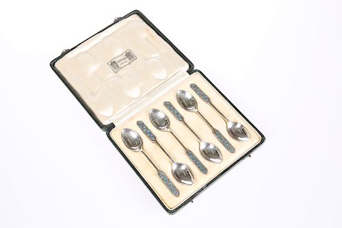 A SET OF SIX LIBERTY & CO SILVER AND ENAMEL SPOONS, BIRMING
