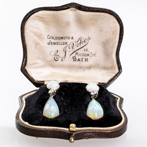 A PAIR OF 19TH CENTURY OPAL AND DIAMOND EARRINGS, the large