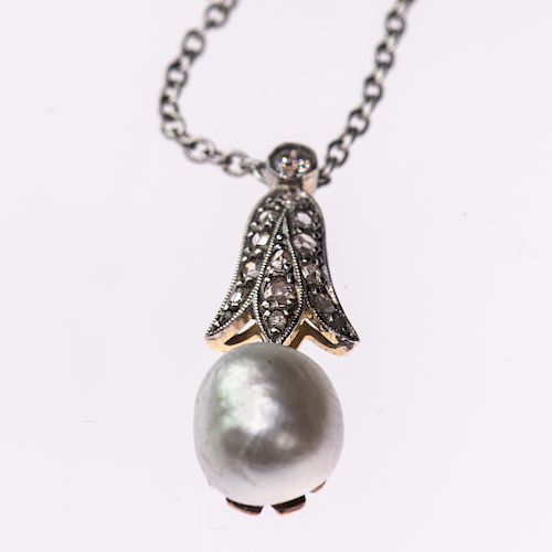 A NATURAL SALTWATER PEARL AND DIAMOND PENDANT, the pearl se
