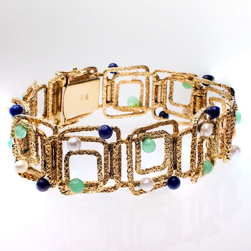 AN 18CT YELLOW GOLD, LAPIS LAZULI, JADEITE AND SEED PEARL B