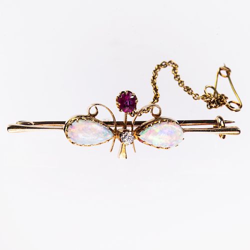A VICTORIAN OPAL BAR BROOCH, the two oval opals and single 