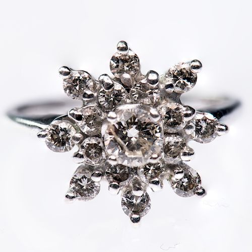 A 14CT WHITE GOLD AND DIAMOND CLUSTER RING, the seventeen g