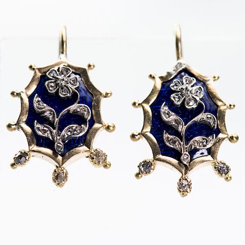 A PAIR OF LATE 19TH CENTURY DIAMOND AND ENAMEL EARRINGS, of