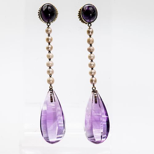 A PAIR OF AMETHYST AND SEED PEARL EARRINGS, the tapering ov