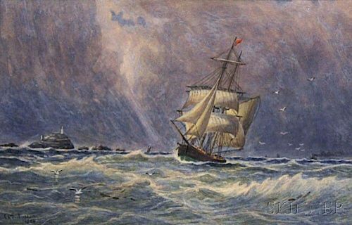 Edgar A. Dickinson (Canadian, 19th/20th Century)      Sailing Vessel in Stormy Coastal Waters.