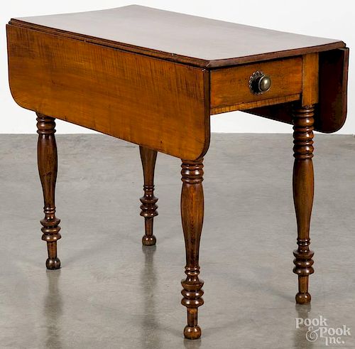 New England Sheraton tiger maple and pine Pembroke table, ca. 1825, 28 3/4'' h., 19'' w., 36'' d.