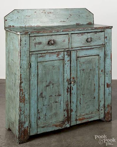 Painted pine and poplar jelly cupboard, late 19th c., retaining a late teal surface, 48 1/2'' h.