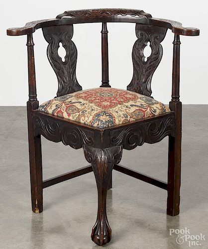 George III style carved oak corner chair, late 19th c.