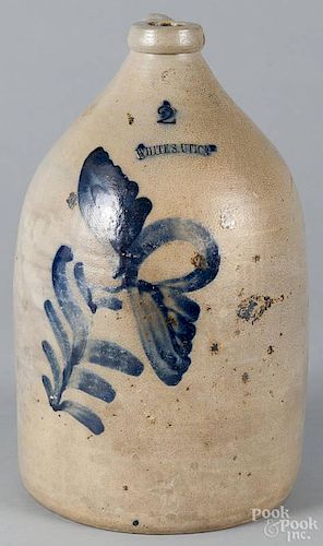 New York two-gallon stoneware jug, 19th c., with cobalt floral decoration, 14 1/2'' h.