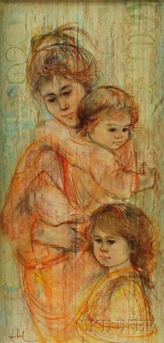 Edna Hibel (American, b. 1917)      Mother with Two Children/Composition in Orange.
