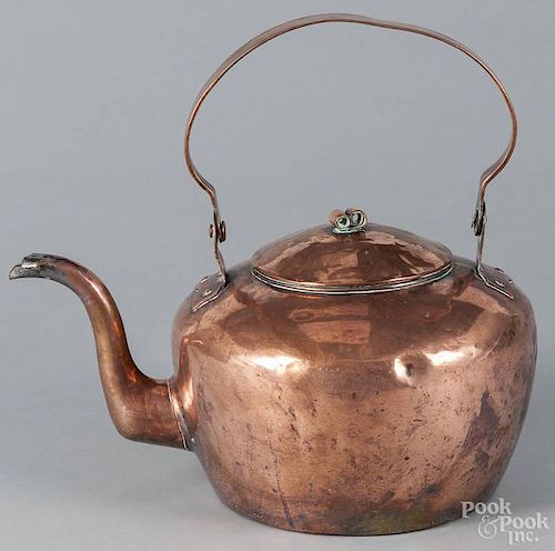 American copper tea kettle, ca. 1800, 13'' h.