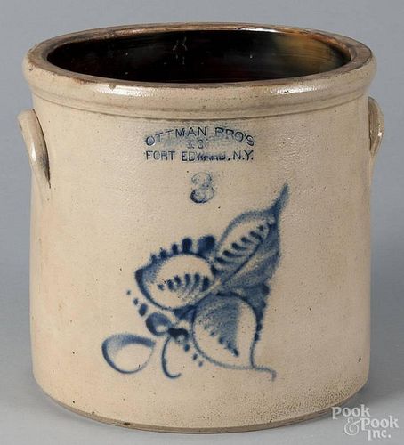 New York three-gallon stoneware crock, impressed Ottman Bro's & Co. Fort Edward N.Y.