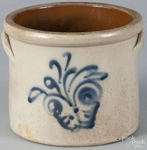 American stoneware crock, 19th c., probably New York, with cobalt floral decoration, 7'' h.